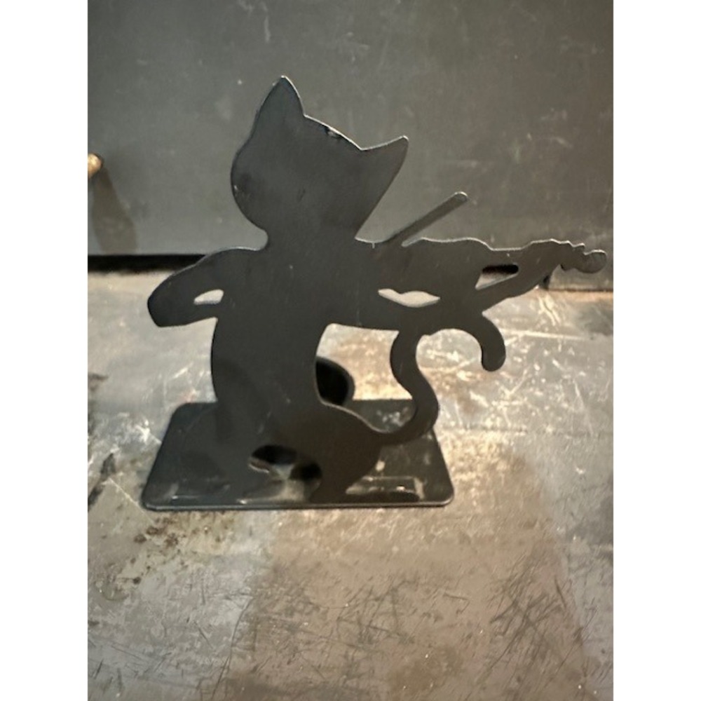 Vintage Black Metal Cat Playing Violin Tea Light Candle Holder Silhouette Decor